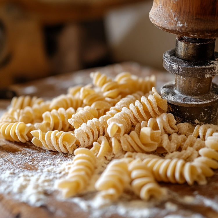 Die traditionelle Herstellung unserer MangiaMarc Fusilli Pasta, von der sorgfältigen Formgebung bis zur Verpackung unter Schutzatmosphäre, für ein authentisches italienisches Geschmackserlebnis.