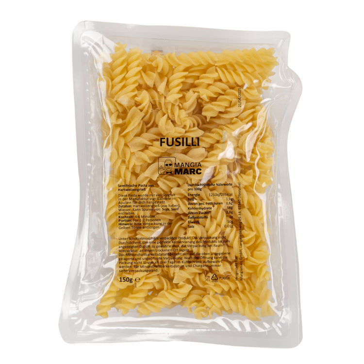 Semifrische Fusilli in Schutzatmosphäre verpackt – mehrere Monate ungekühlt haltbar, aus 100 % italienischem Hartweizengrieß, mit klassischer spiralförmiger Drehung.