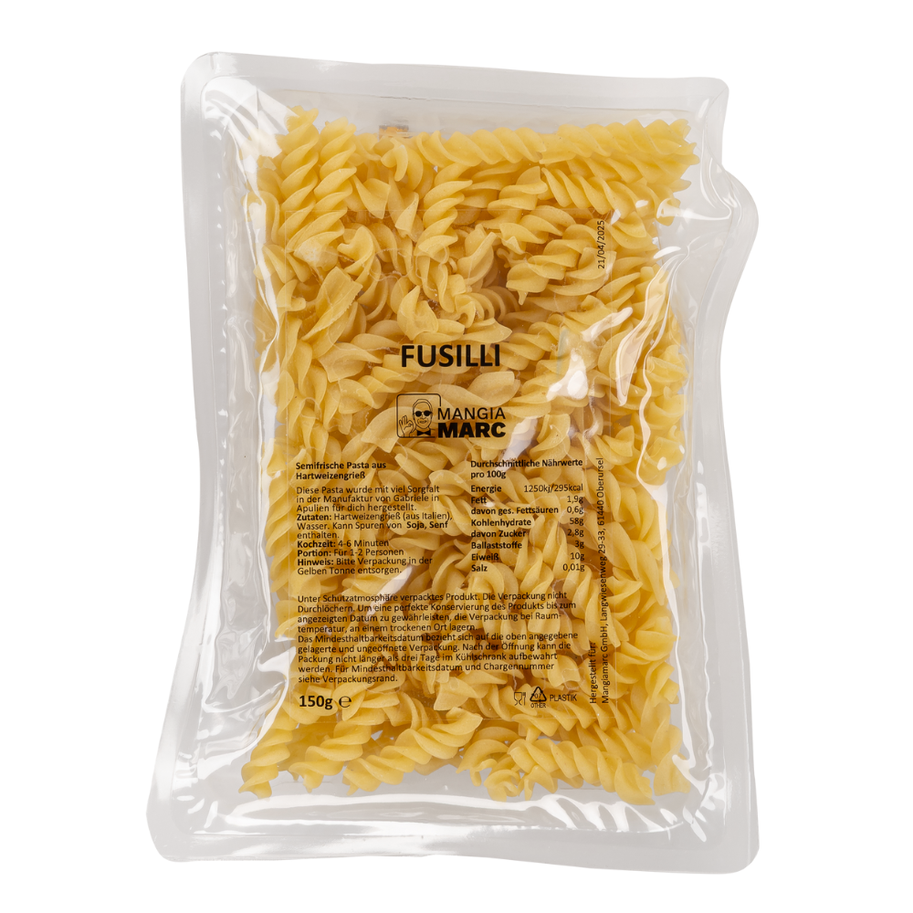 Semifrische Fusilli in Schutzatmosphäre verpackt – mehrere Monate ungekühlt haltbar, aus 100 % italienischem Hartweizengrieß, mit klassischer spiralförmiger Drehung.