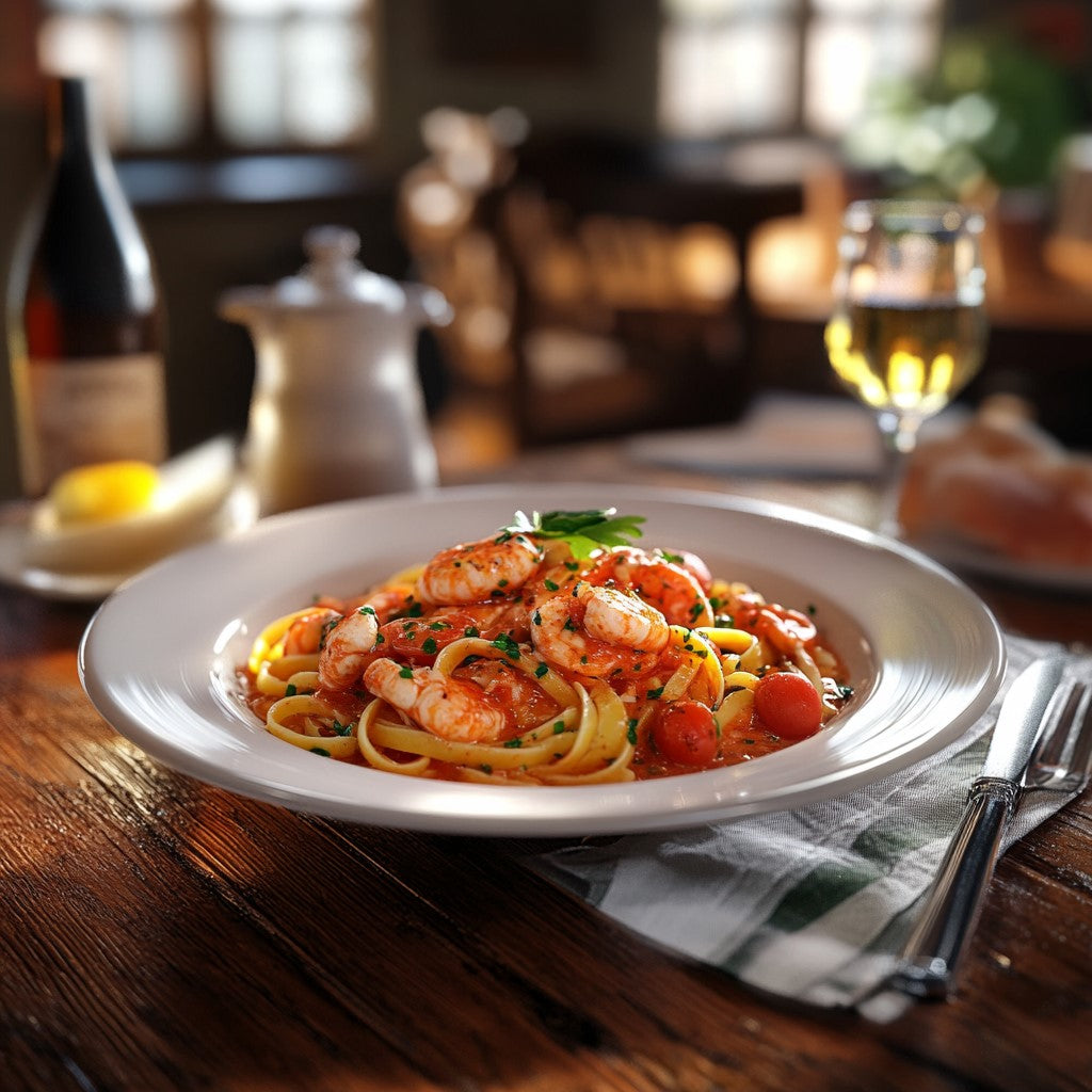 Ein Gericht mit Linguine, serviert mit gebratenen Scampi und halbierten Cherrytomaten. Frische, gehackte Petersilie ist über das Gericht gestreut.