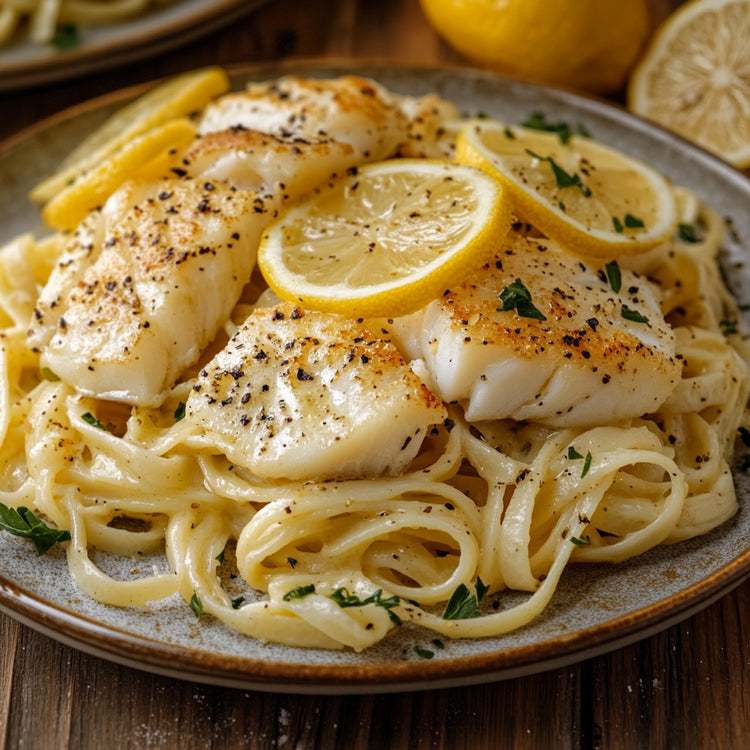 Ein Teller mit Linguine Limone e Pepe, kunstvoll angerichtet mit zartem, gebratenem Fischfilet. Frische Petersilie und Zitronenspalten garnieren das Gericht.
