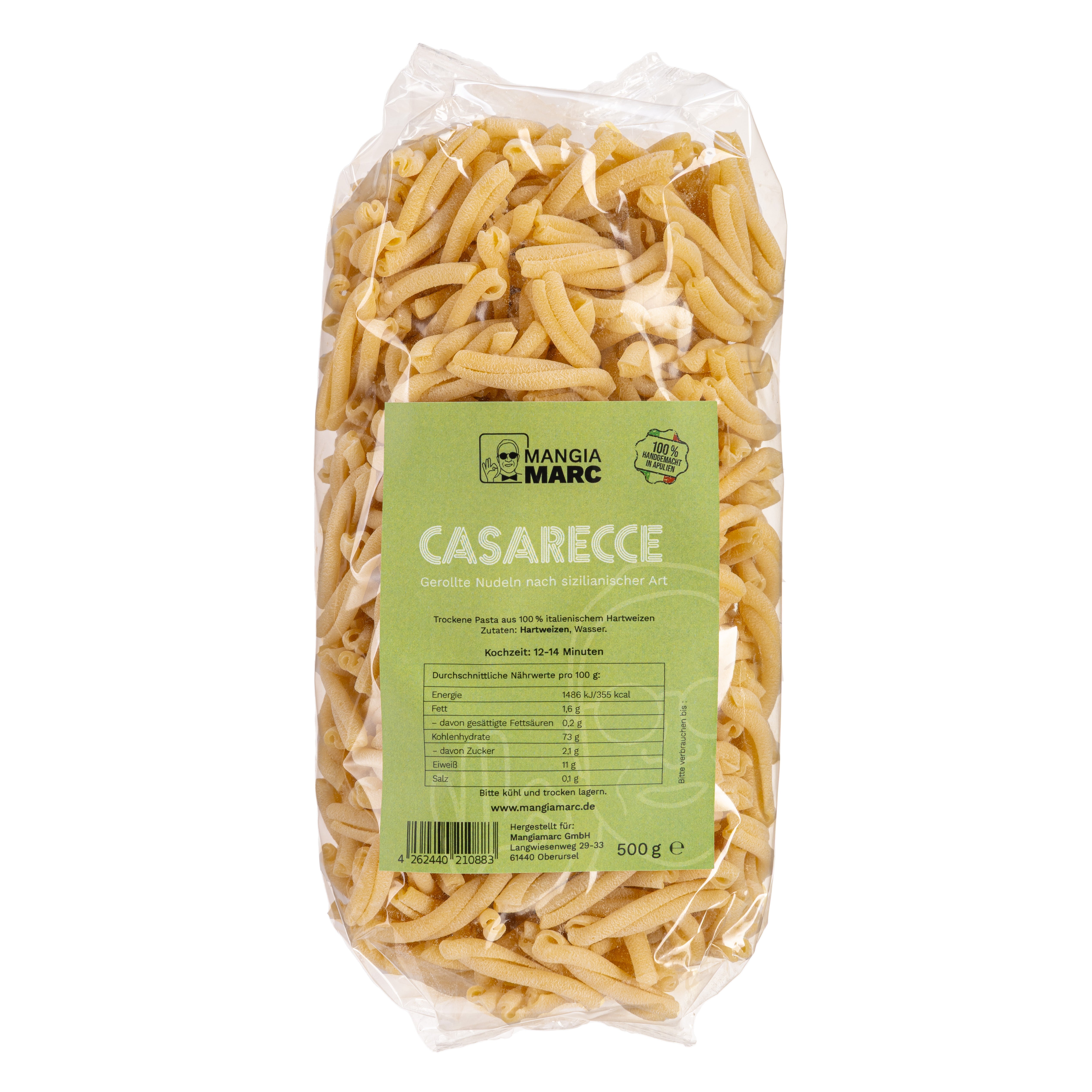 Casarecce – Handgemacht in Apulien
Traditionelle Pasta aus 100% italienischem Hartweizen. Die geschwungene Form fängt jede Sauce perfekt ein – für echten mediterranen Genuss.