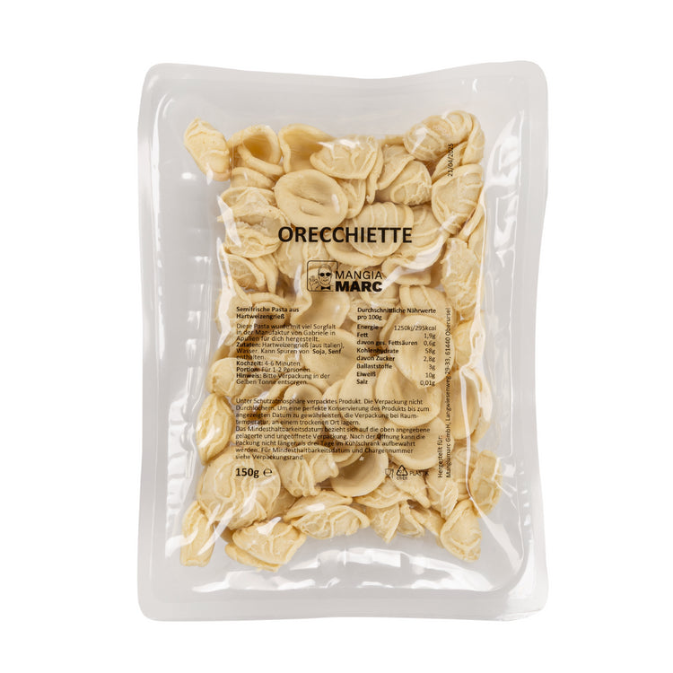 Semifrische Orecchiette Pasta in Schutzatmosphäre verpackt – mehrere Monate ungekühlt haltbar.
