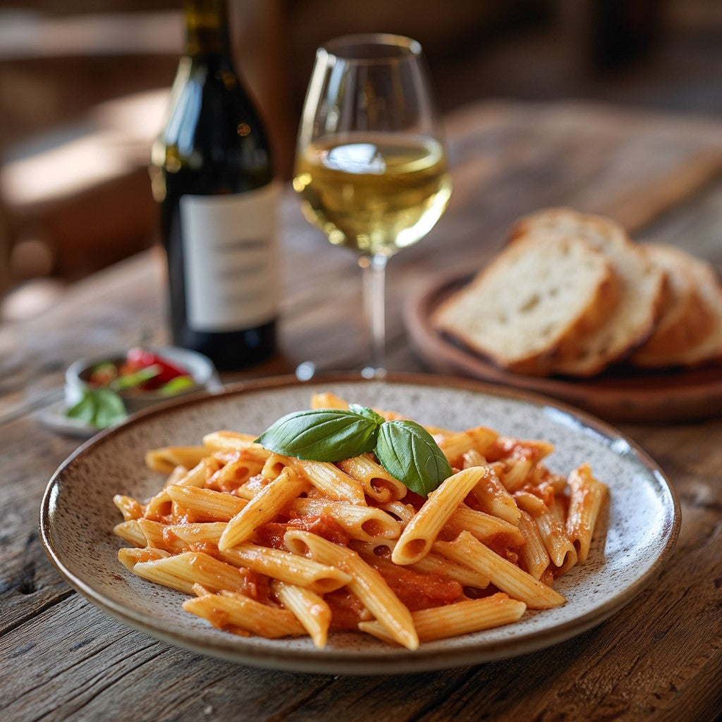 MangiaMarc Pasta mit original italienischer Tomatensauce und frischem Basilikum, ein klassisches italienisches Gericht.