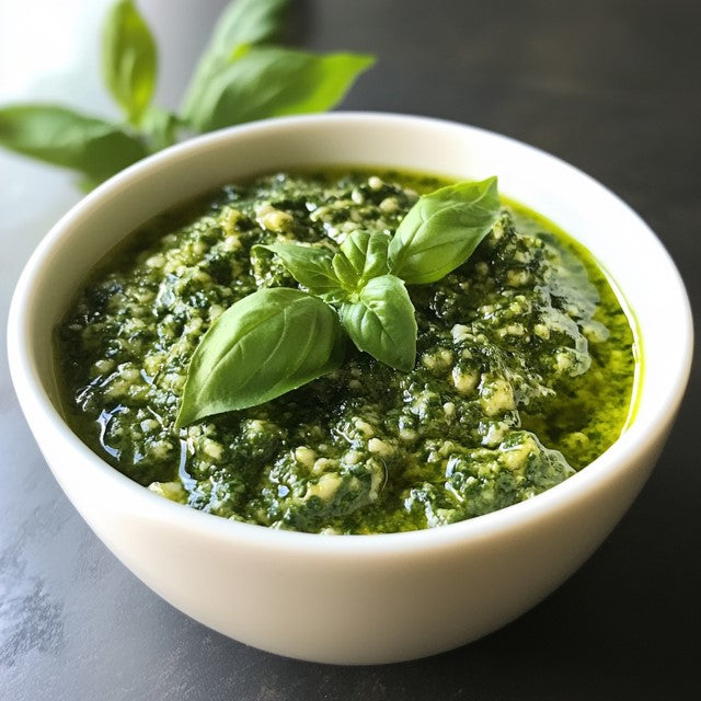 Frisch zubereitetes MangiaMarc Pesto ohne Knoblauch, mit Pinienkernen, Olivenöl und Grana Padano, für den puren Geschmack von Basilikum.