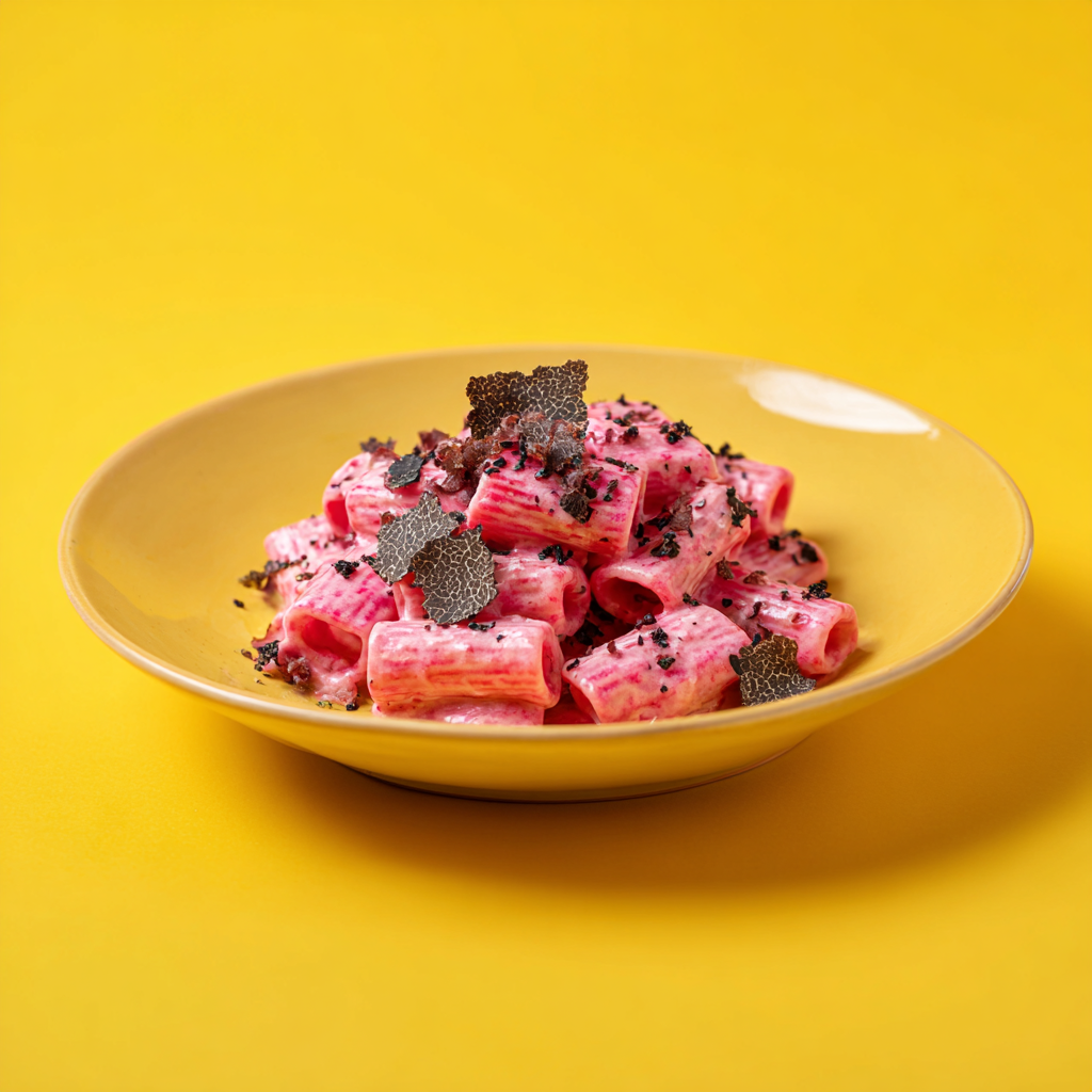 Ein angerichteter Teller mit pinken Rigatoni semifrisch mit Trüffel Carbonara.