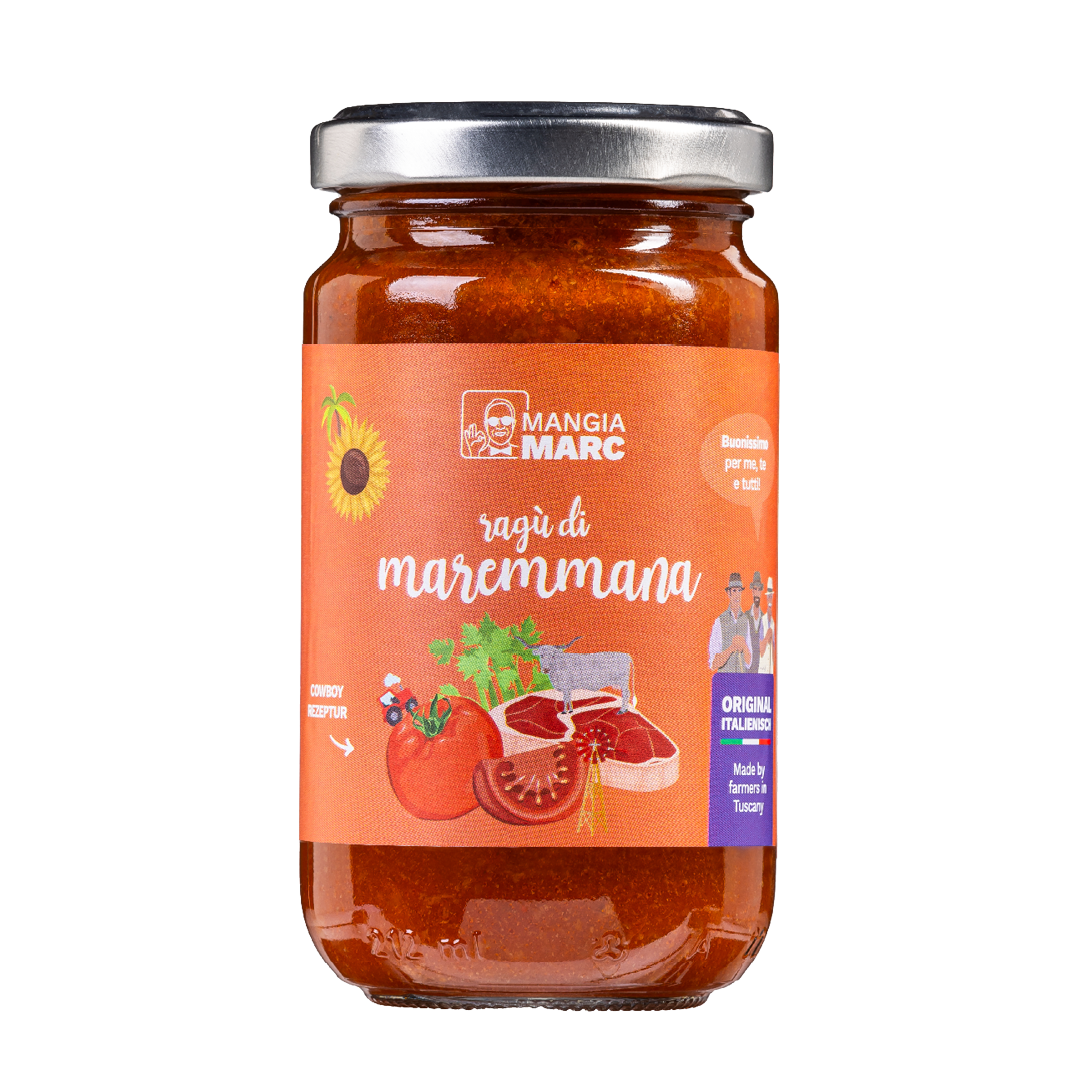 MangiaMarc Premium Ragù Bolognese im Glas, toskanisches Ragù di Maremmana, detailgetreue Aufnahme.