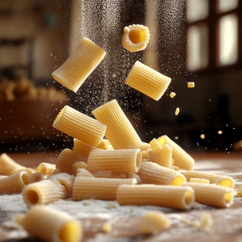 Die traditionelle Herstellung unserer MangiaMarc Rigatoni Pasta, geformt in Bronzeformen für eine raue Oberfläche, die Soßen perfekt aufnimmt, und verpackt unter Schutzatmosphäre für ein authentisches italienisches Geschmackserlebnis.