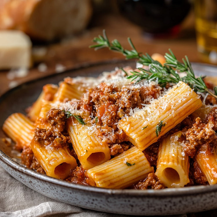 MangiaMarc Rigatoni mit herzhaftem Ragù und frischem Rosmarin, ein authentisches italienisches Gericht mit toskanischen Aromen.