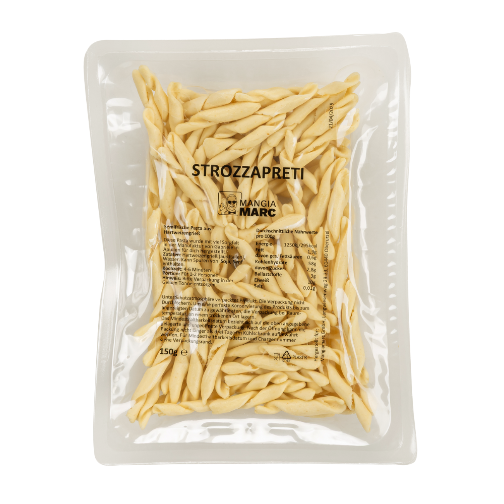Semifrische Strozzapreti in Schutzatmosphäre verpackt – mehrere Monate ungekühlt haltbar, aus 100 % italienischem Hartweizengrieß, mit typisch gedrehter Form.