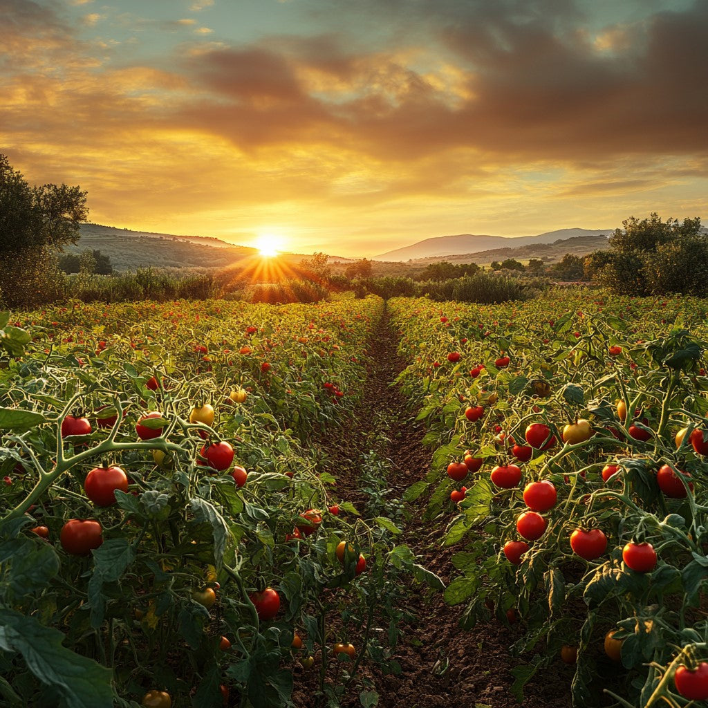 Ein weites Tomatenfeld in der Toskana im warmen Licht der Abendsonne, die Basis für unsere sonnengereiften MangiaMarc Tomatensoßen.