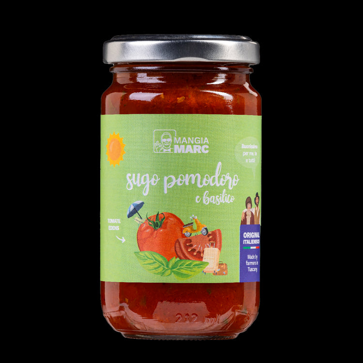 MangiaMarc Tomatensoße mit Basilikum im Glas, eine authentische italienische Pasta-Soße aus der Toskana.