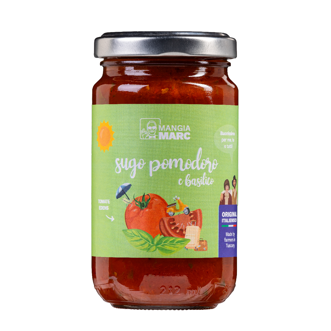 MangiaMarc Tomatensoße mit Basilikum im Glas, eine authentische italienische Pasta-Soße aus der Toskana.