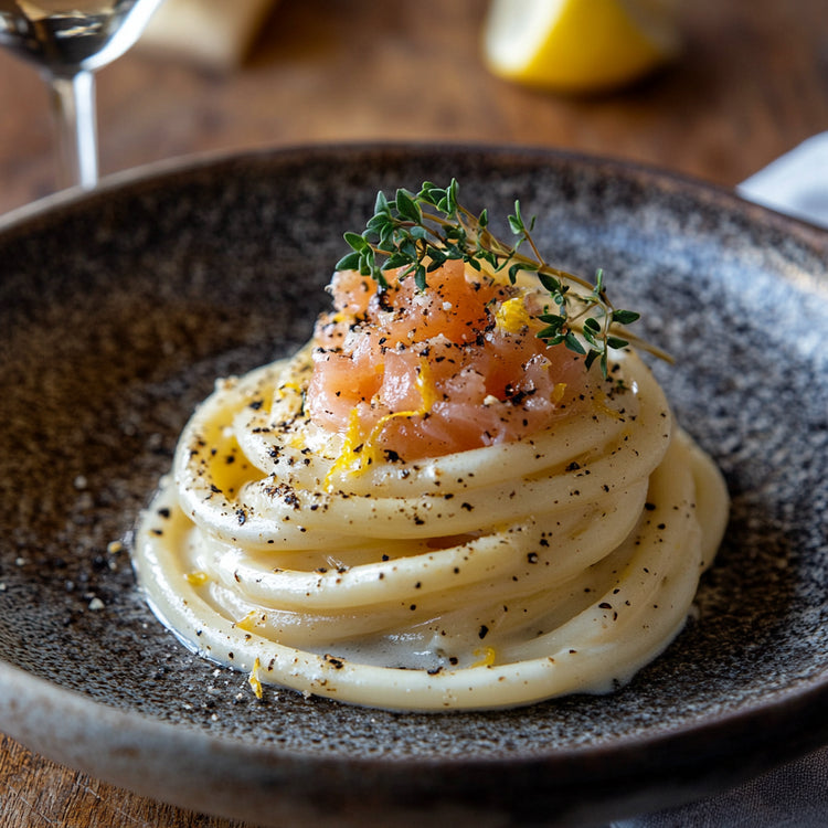 Ein Teller mit cremig-glänzenden Troccoli in einer klassischen Cacio e Pepe Sauce, belegt mit einem Häufchen frischem Lachstatar. Feiner Zitronenabrieb und ein kleiner Thymianzweig garnieren das Gericht.