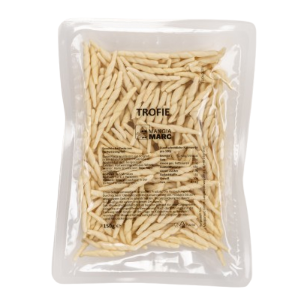 Semifrische Trofie in Schutzatmosphäre verpackt – mehrere Monate ungekühlt haltbar, aus 100 % italienischem Hartweizengrieß, mit traditionell gedrehter, spindelförmiger Form.