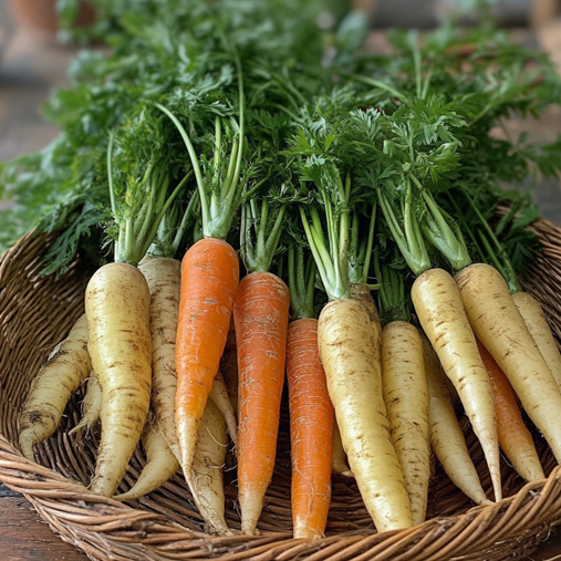 Frische Karotten und Sellerie im Erntekorb, direkt vom Bauernhof, als typische Zutaten für italienische Soßen.