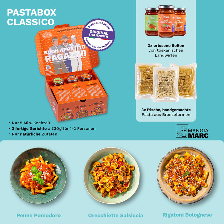 Dreimal frische Pasta und drei Soßen in einer Pastabox.