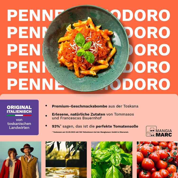 Penne aus Bronzeformen mit Tomatensoße aus der Toskana.