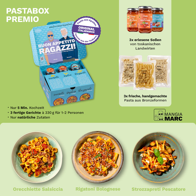 Premium Pastabox mit drei verschiedenen Nudelgerichten.
