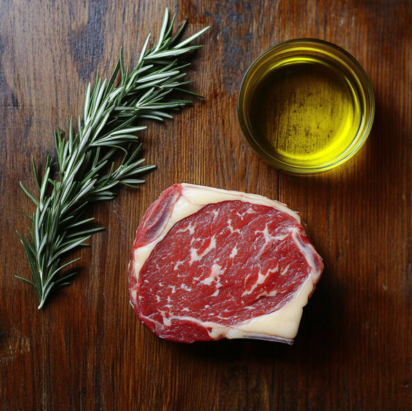 Ausgewählte Zutaten für MangiaMarc Premium Ragù Bolognese: Frisches Maremmana-Rindfleisch, hochwertiges Olivenöl und frische Gemüse/Kräuter wie Tomaten und Sellerie auf rustikalem Hintergrund.