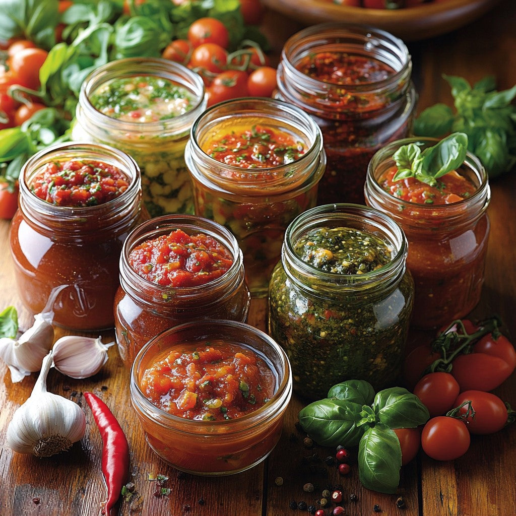 Verschiedene Saucen und Pestos in Einmachgläsern, umgeben von frischen Tomaten, Basilikum, Knoblauch und Chili auf Holztisch
