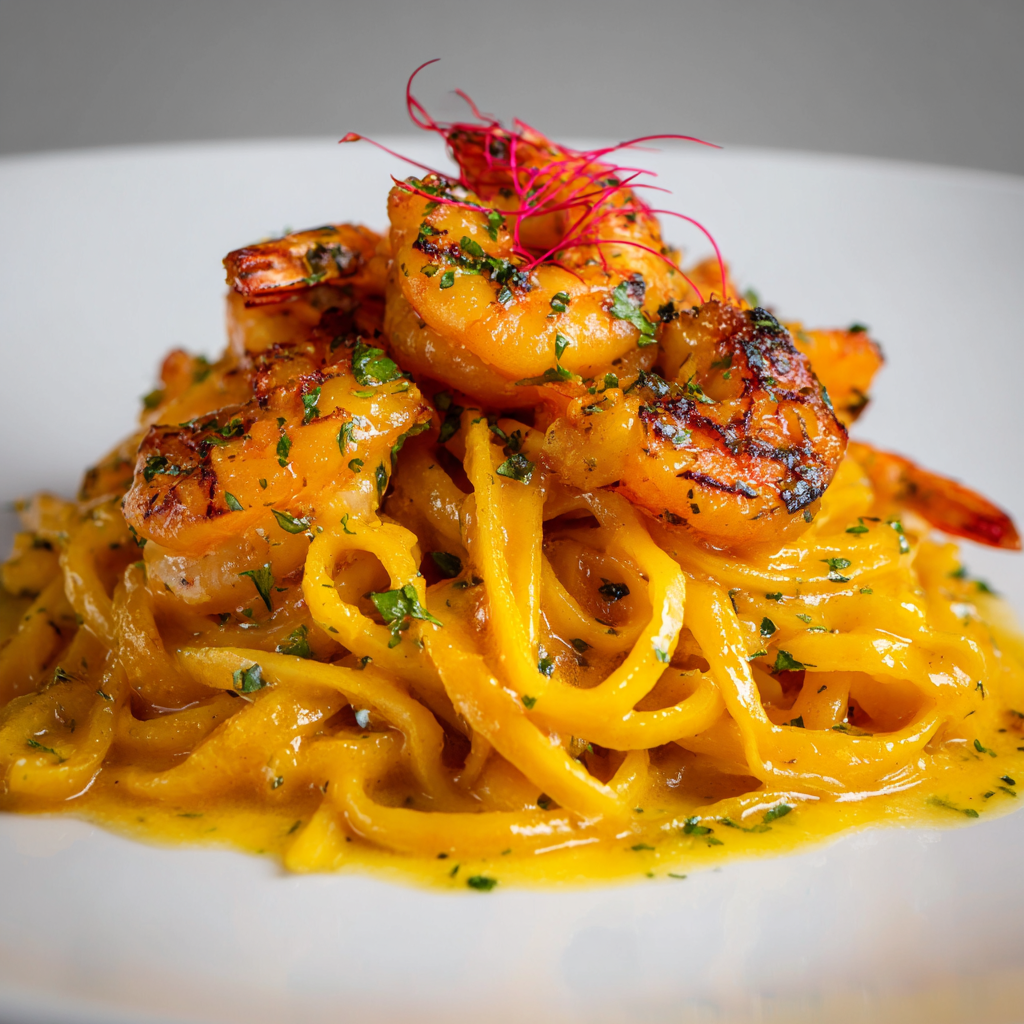 Gegrillte Garnelen auf Linguine in gelber Sauce, garniert mit Kräutern auf weißem Teller