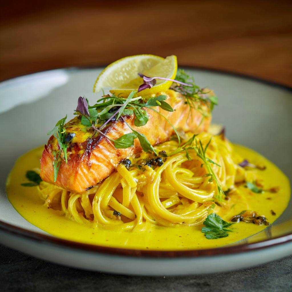 Gebratenes Lachsfilet auf Spaghetti in gelber Currysauce, garniert mit Limettenscheibe und Kräutern