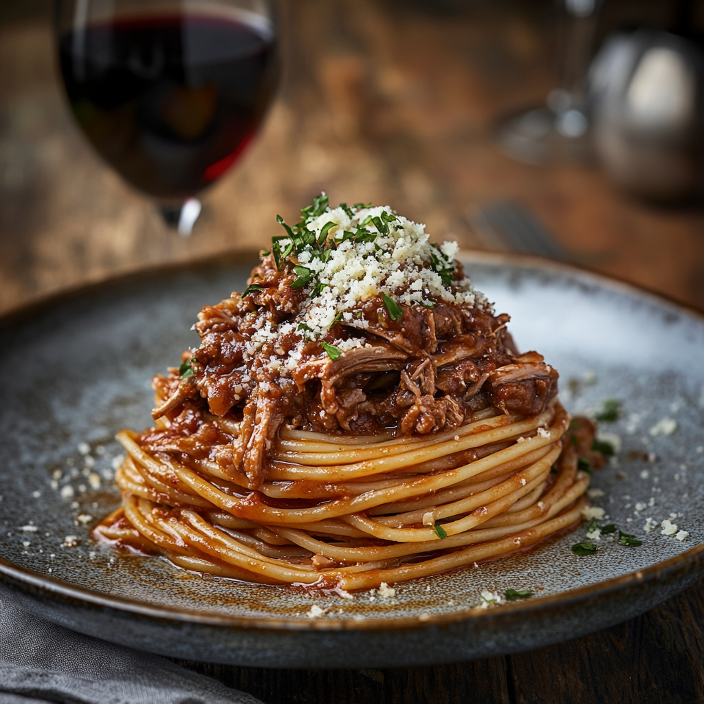 Spaghetti mit geschmortem Fleischragout und geriebenem Käse, dekorativ aufgetürmt auf dunklem Teller, im Hintergrund ein Glas Rotwein