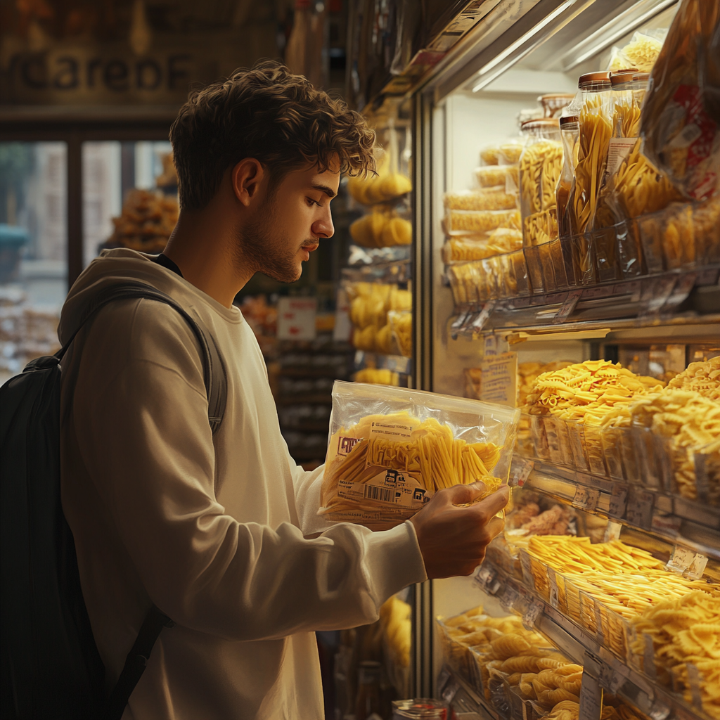 Junger Mann mit Rucksack wählt eine Packung frische Pasta aus einem beleuchteten Verkaufsregal in einem Feinkostladen