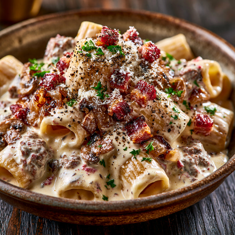 Rustica Bianca Pilzrahmsauce von MangiaMarc mit Rigatoni.