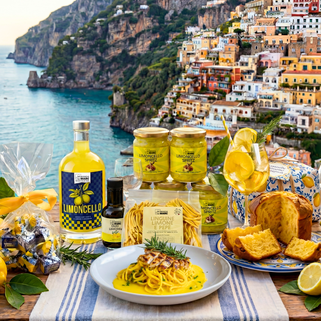 MangiaMarc Sommer Limoncello Box mit Linguine Limone, Limoncello Spritz Pastasauce, Limoncello, Limoncello Panettone, Zitronenöl und Limoncello Tartufi.