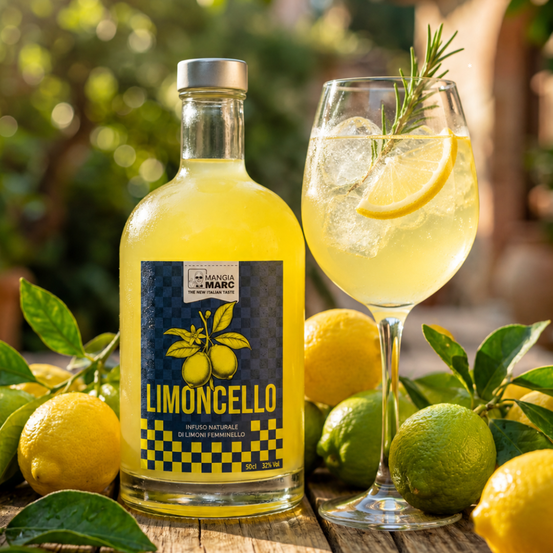 Flasche Limoncello und Glas mit Eis, Zitronenscheibe und Rosmarinzweig auf Holztisch mit mediterraner Küstenlandschaft im Hintergrund