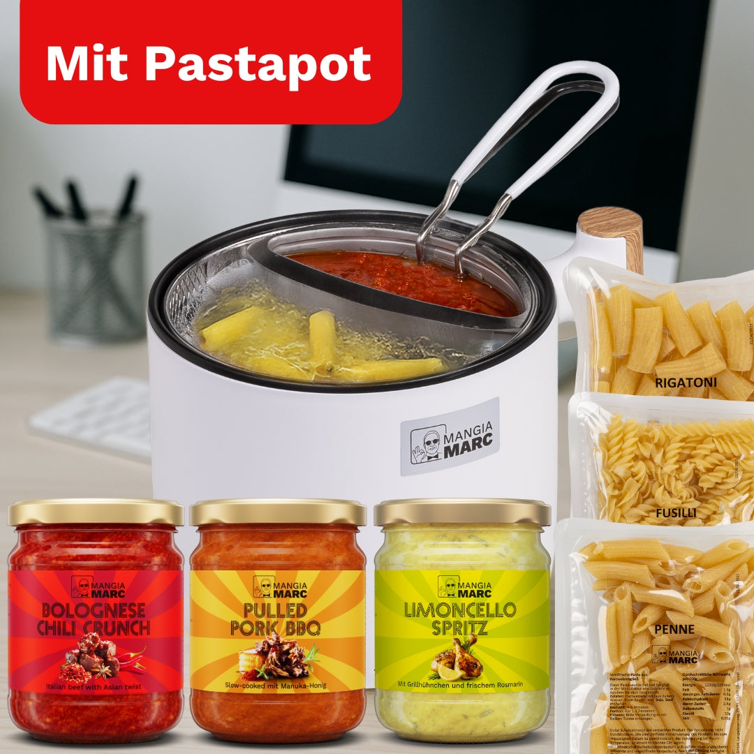 Perfektes Pasta Set fürs Büro mit Pasta, Pastasaucen und elektrischen Pastapot