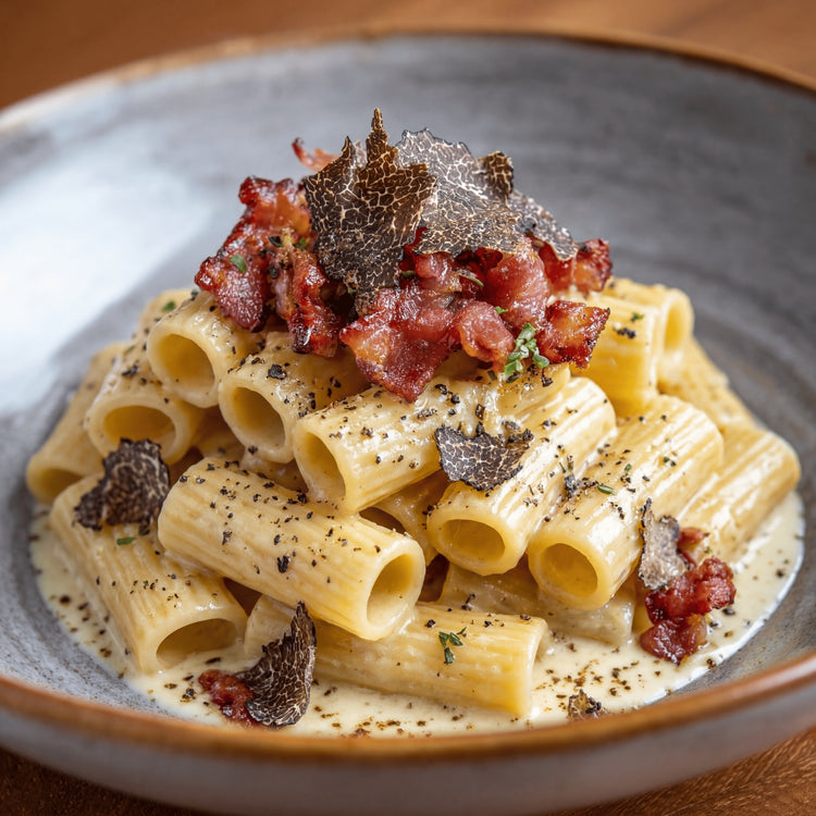 Teller mit Rigatoni in cremiger Sauce, garniert mit knusprigem Speck und Trüffelscheiben