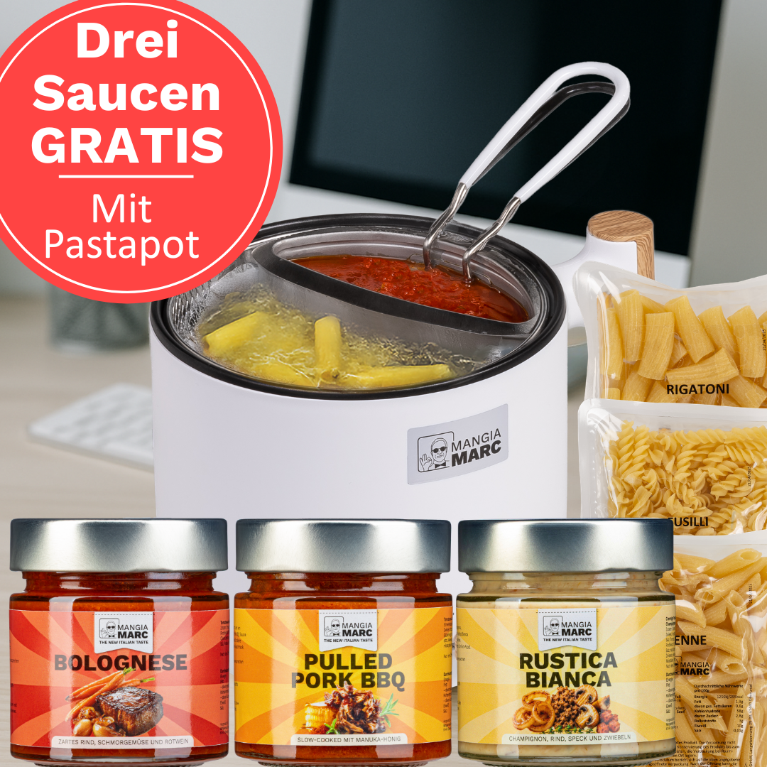 Angebot für ein Set mit Nudelkocher, dreimal Pasta und drei Saucen gratis dazu