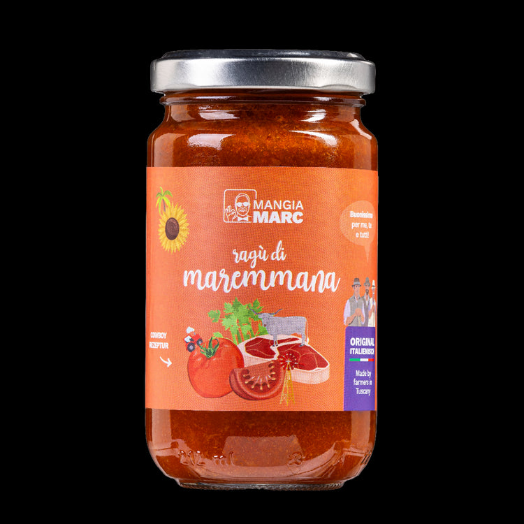 MangiaMarc Premium Ragù Bolognese im Glas, toskanisches Ragù di Maremmana, detailgetreue Aufnahme.