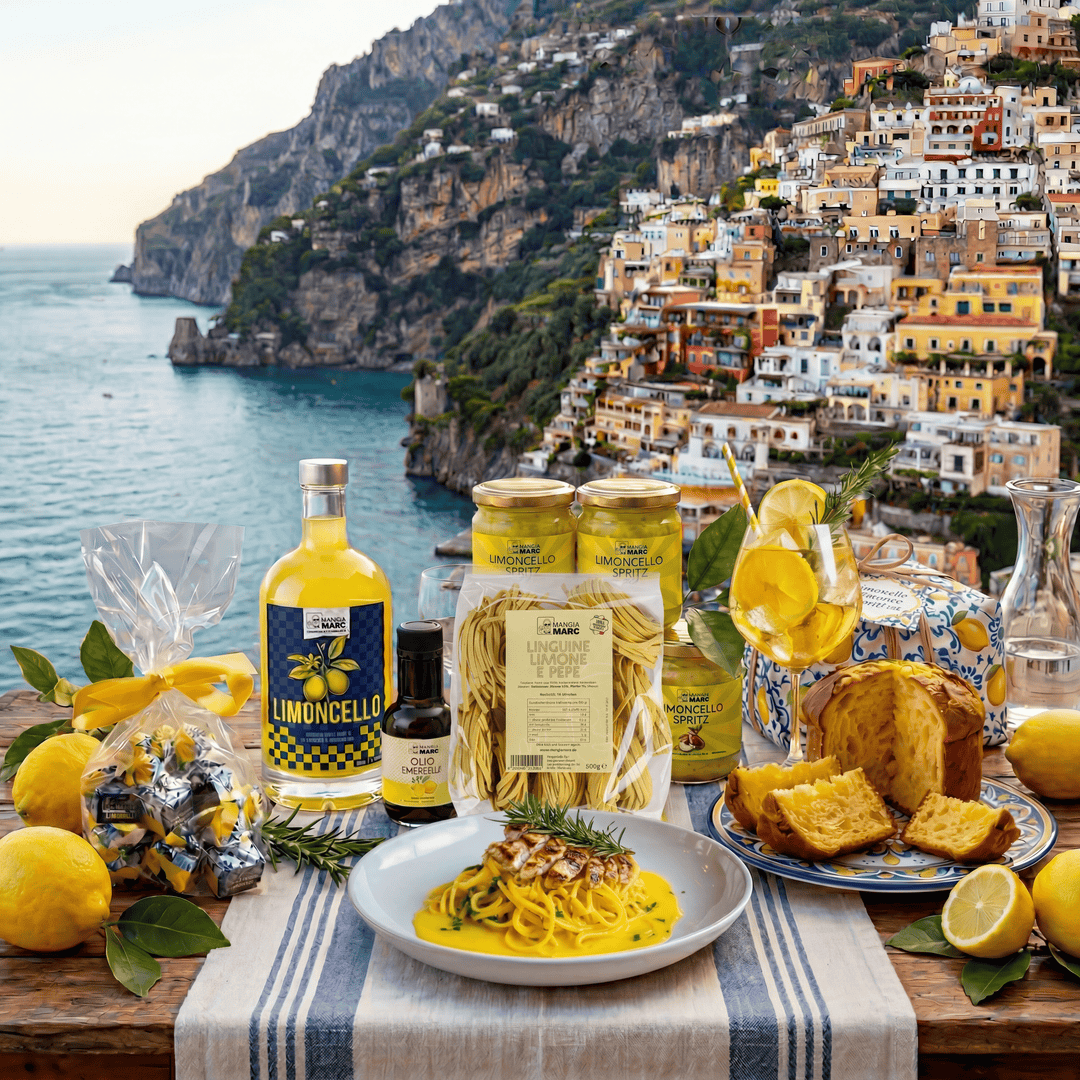 Sommer Limoncello Box von MangiaMarc mit Linguine Limone, Limoncello Spritz Pastasauce, Limoncello, Limoncello Panettone, Zitronenöl und Limoncello Tartufi
