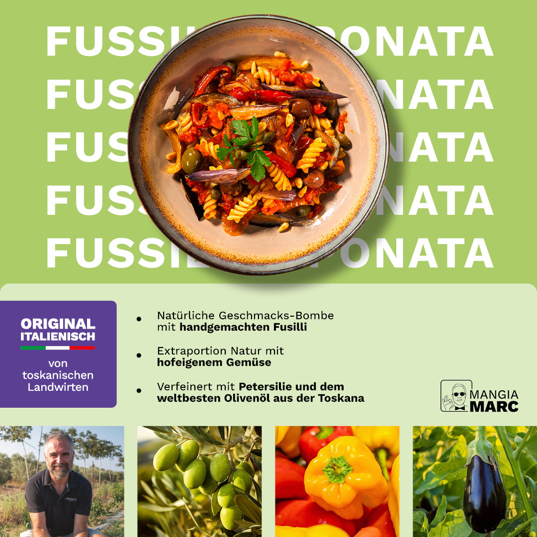 Fusilli Caponata mit Tomate, Paprika und Aubergine.