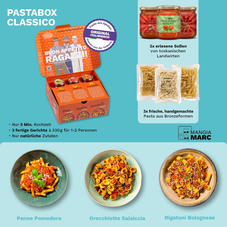 Dreimal frische Pasta und drei Soßen in einer Pastabox.