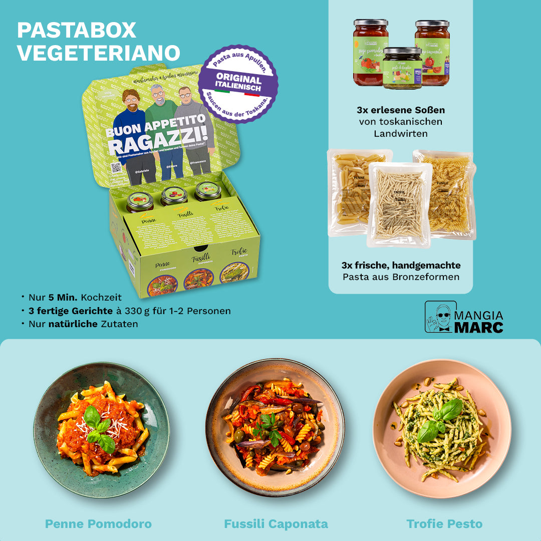 Vegetarische Pastabox mit drei Nudelgerichten.