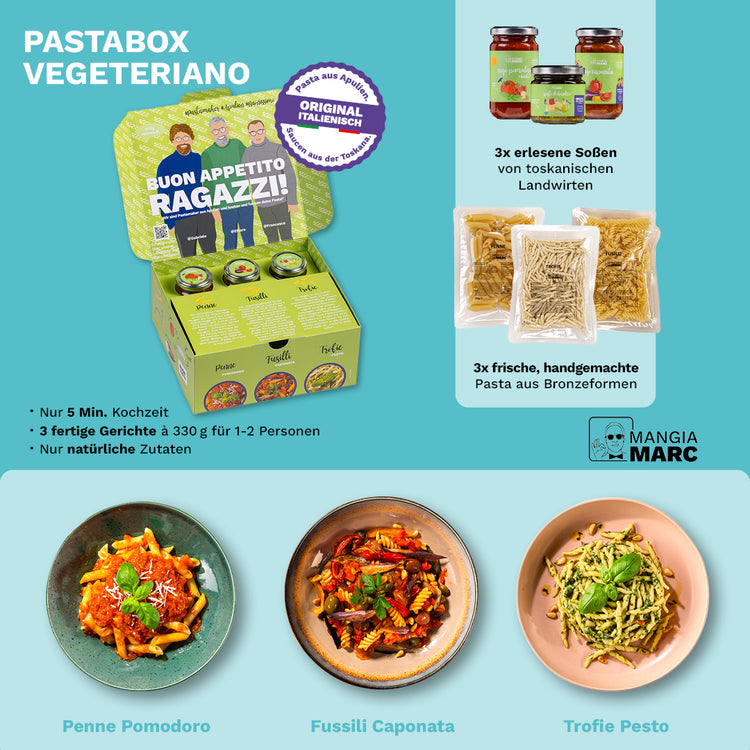 Vegetarische Pastabox mit drei Nudelgerichten.
